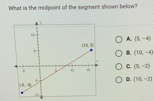 What is the midpoint of the segment shown below? A. 5,-4 B. 10,-4 C. 5,-2 D. 10,-2