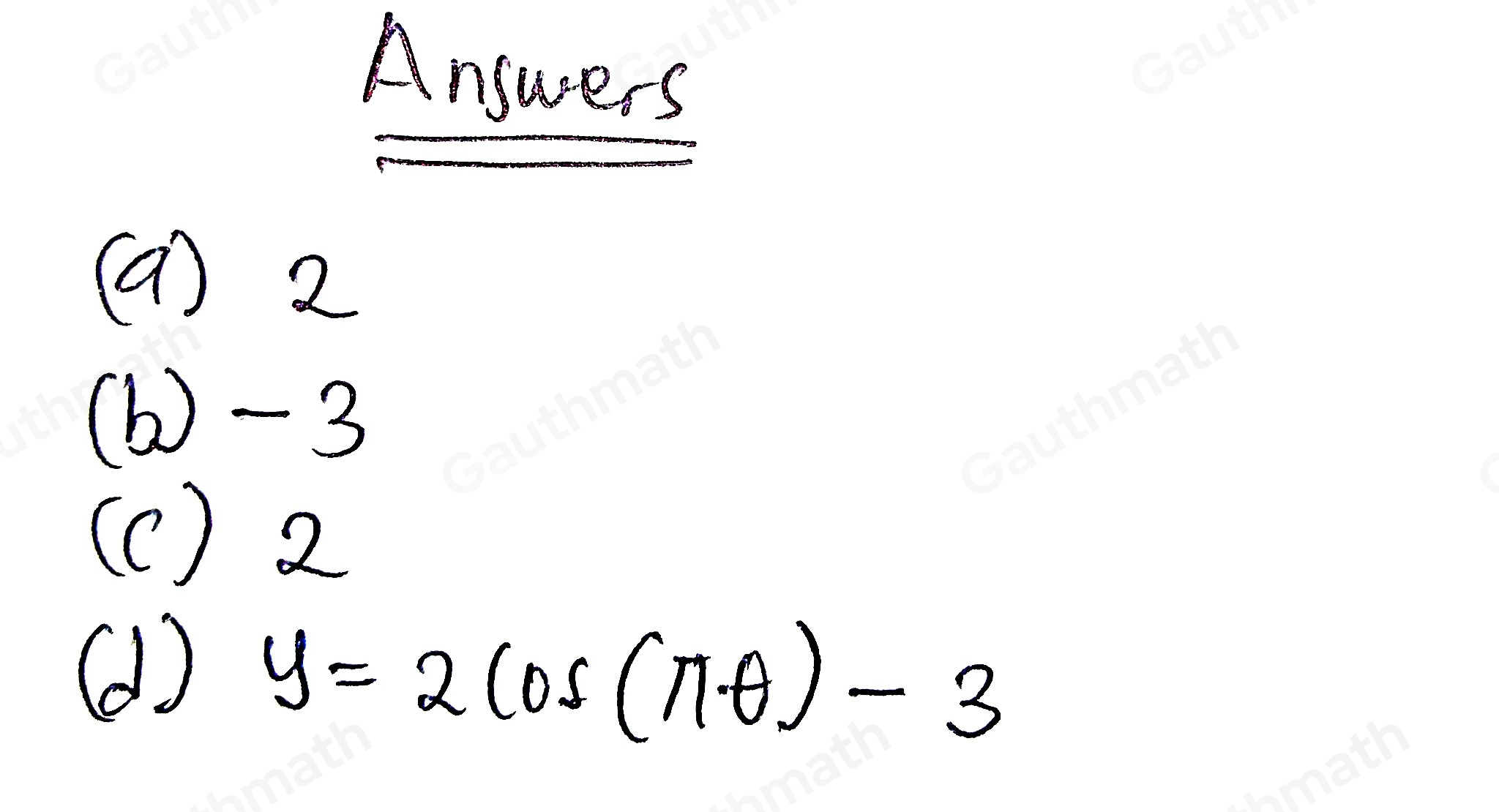 The graph of a periodic function f is shown below, whereθ is in radians.. a. What is the period of f? Preview b. What is the midline for f? y- Preview e. What is the amplitude of f? Preview d. Write a function formula for ƒ. Enter ''theta'' for θ. f θ = Preview