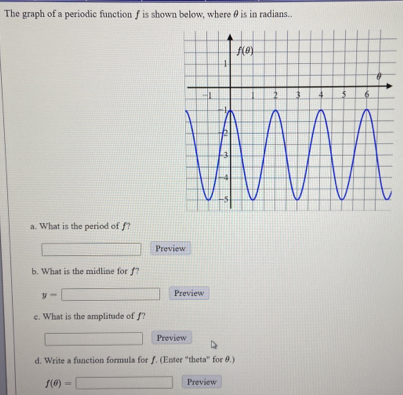 The graph of a periodic function f is shown below, whereθ is in radians.. a. What is the period of f? Preview b. What is the midline for f? y- Preview e. What is the amplitude of f? Preview d. Write a function formula for ƒ. Enter ''theta'' for θ. f θ = Preview