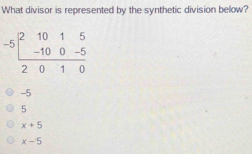 What divisor is represented by the synthetic division below? -5 5 x+5 x-5