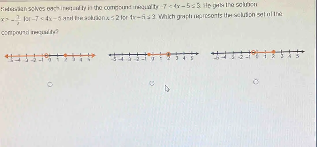 Sebastian solves each inequality in the compound inequality -7<4x-5 ≤ 3 . He gets the solution x>- 1/2 for -7<4x-5 and the solution x ≤ 2 for 4x-5 ≤ 3 Which graph represents the solution set of the compound inequality?