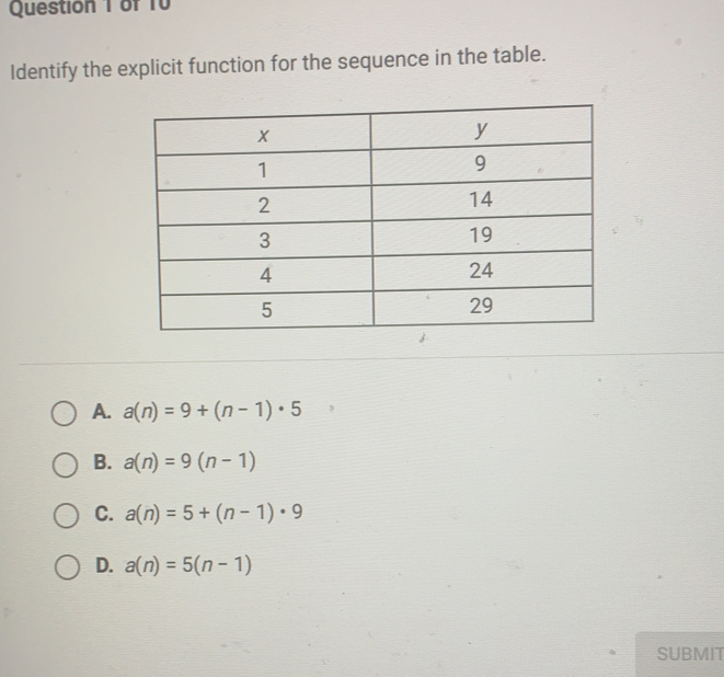 Question T or ro Identify the explicit function for the sequence in the table. A. an=9+n-1 . 5 B. an=9n-1 C. an=5+n-1 . 9 D. an=5n-1 SUBMIT