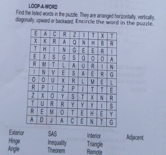 LOOP-A-WORD Find the listed words in the puzzle. They are arranged horizontally, vertically diagonally, upward or backward. Encircle the word in the puzzle. Exterior SAS Interior Adjacent Hinge Inequality Triangle Angle Theorem Remote