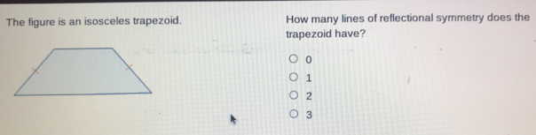 The figure is an isosceles trapezoid. How many lines of reflectional symmetry does the trapezoid have? 1 2 3