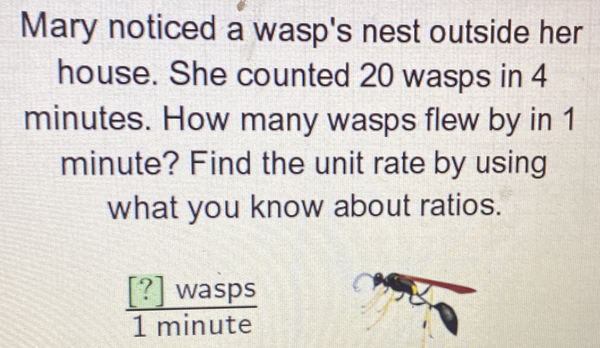 Mary noticed a wasp's nest outside her house. She counted 20 wasps in 4 minutes. How many wasps flew by in 1 minute? Find the unit rate by using what you know about ratios. frac [?]wasps1minute