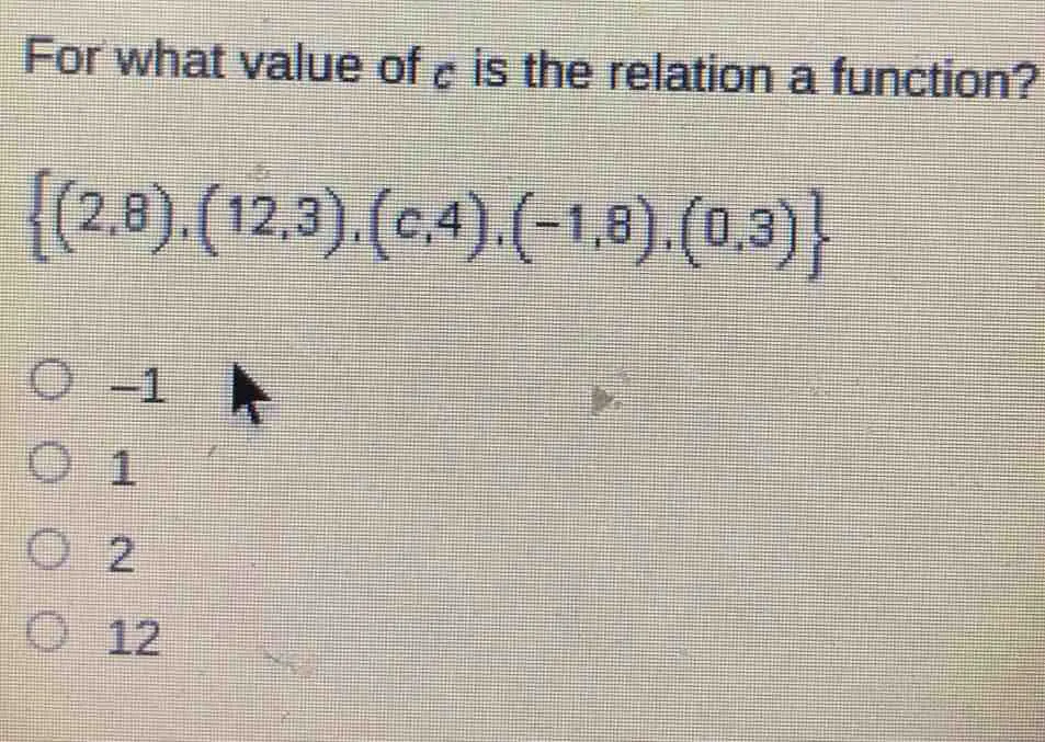 For what value of c is the relation a function? 2,8,12,3,c,4,-1,8,0,3 -1 1 2 12