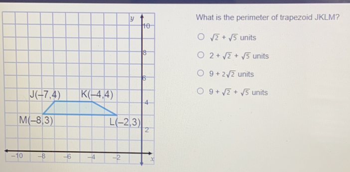 What is the perimeter of trapezoid JKLM? square root of 2+ square root of 5 units 2+ square root of 2+ square root of 5 units 9+2 square root of 2 units 9+ square root of 2+ square root of 5 units