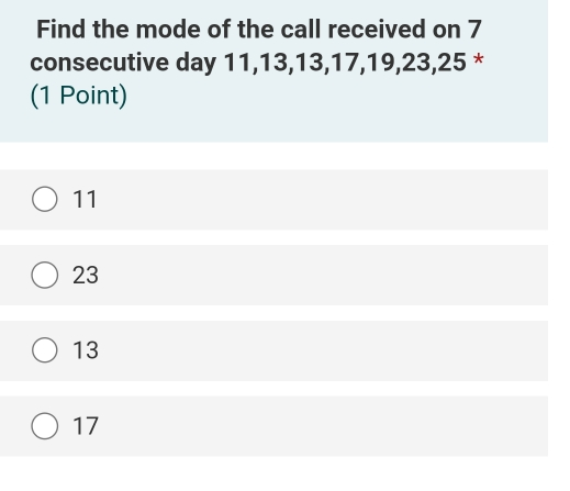 Find the mode of the call received on 7 consecutive day 11,13,13,17,19,23,25 * 1 Point 11 23 13 17