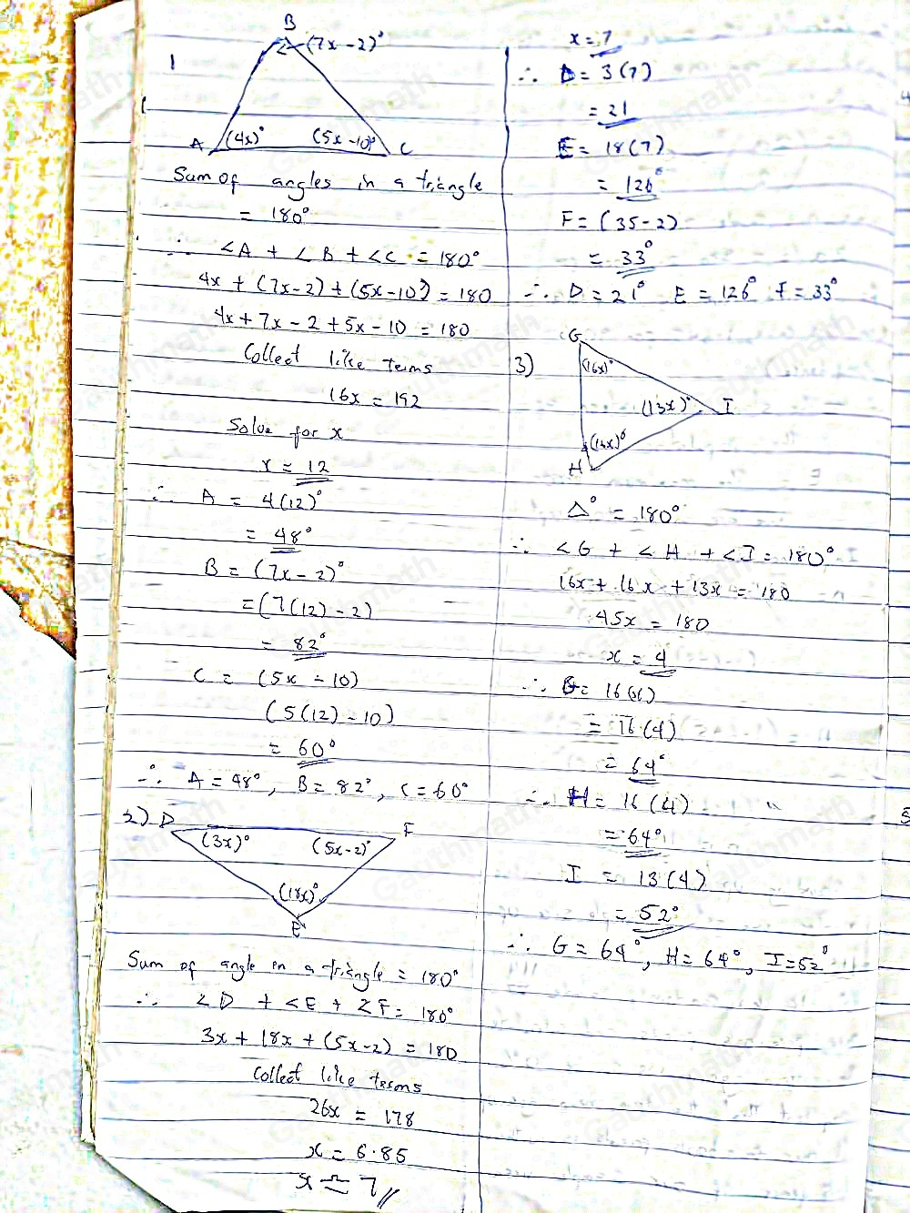 Unit: Angle Relationships Name_ Homework 3 Date_ Pd_ INTERIOR ANGLES OF TRIANGLES Using each picture or description of a triangle, write and solve an equation in order to find the n 2 3 t 17